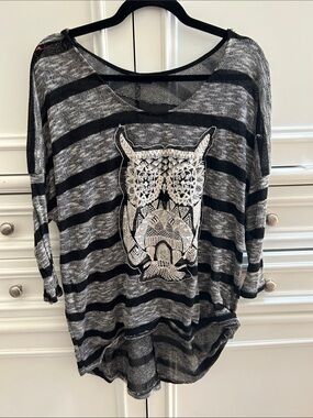 Caren Sport Striped Black & Gray Women's Knit Top with Owl Motif